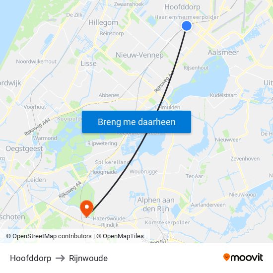 Hoofddorp to Rijnwoude map