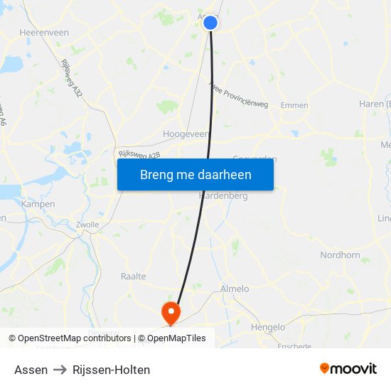 Assen to Rijssen-Holten map