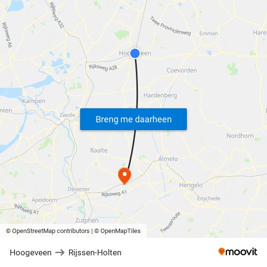 Hoogeveen to Rijssen-Holten map