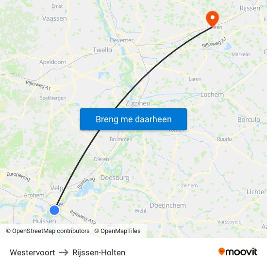 Westervoort to Rijssen-Holten map