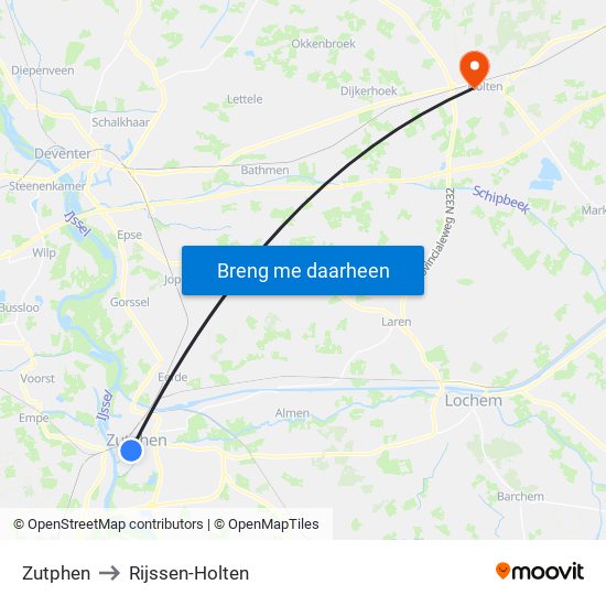 Zutphen to Rijssen-Holten map