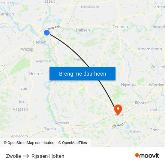 Zwolle to Rijssen-Holten map