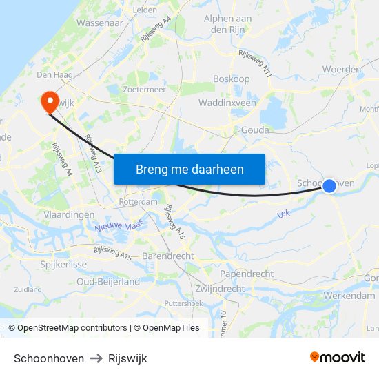 Schoonhoven to Rijswijk map