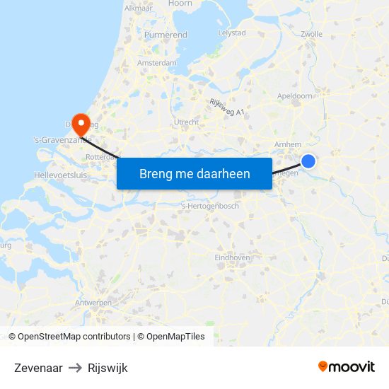 Zevenaar to Rijswijk map