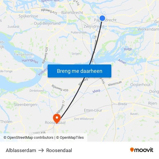 Alblasserdam to Roosendaal map