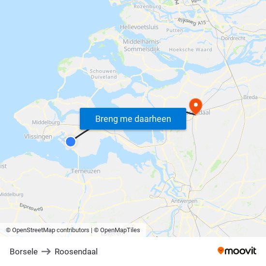 Borsele to Roosendaal map