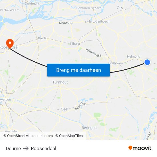 Deurne to Roosendaal map