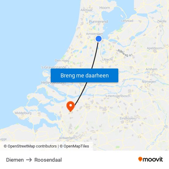 Diemen to Roosendaal map