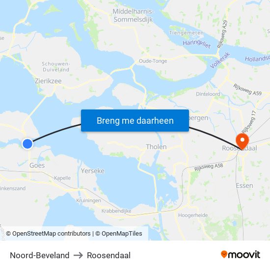 Noord-Beveland to Roosendaal map