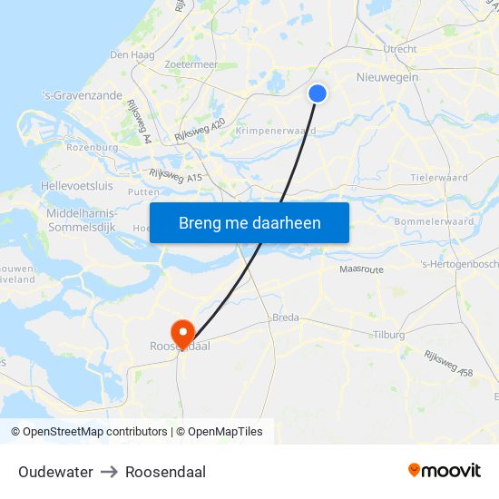 Oudewater to Roosendaal map