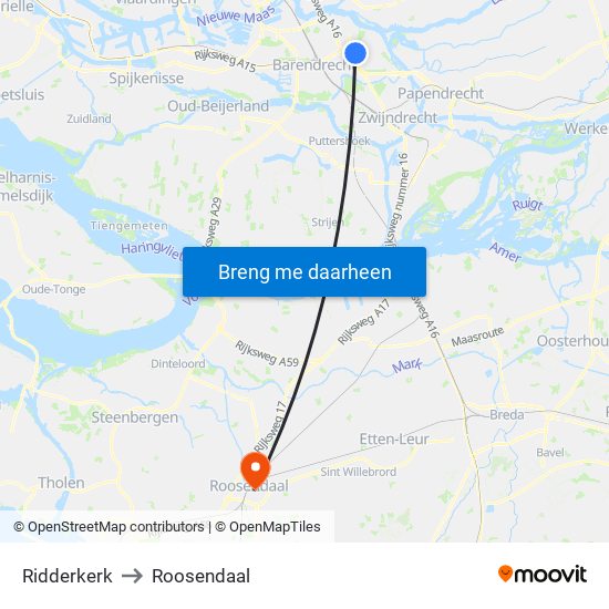 Ridderkerk to Roosendaal map