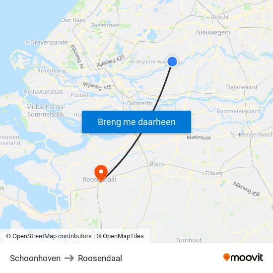 Schoonhoven to Roosendaal map