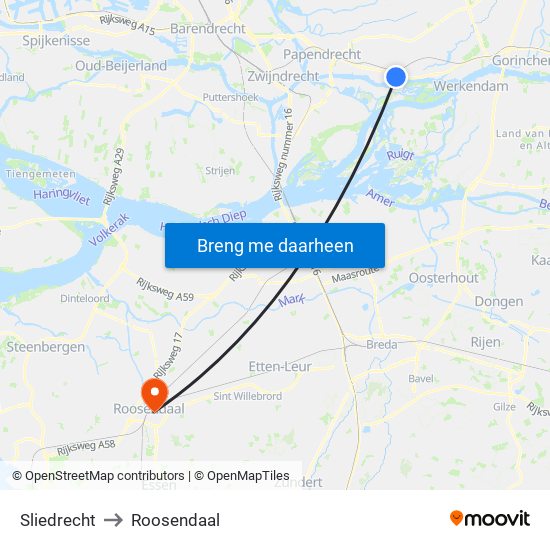 Sliedrecht to Roosendaal map
