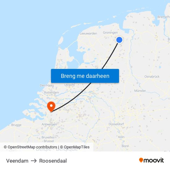 Veendam to Roosendaal map