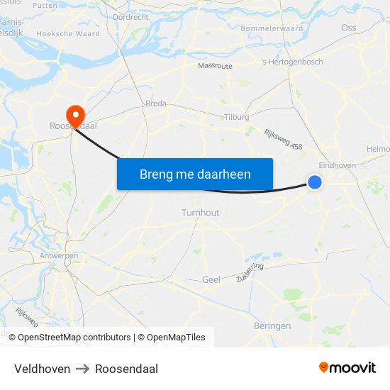 Veldhoven to Roosendaal map