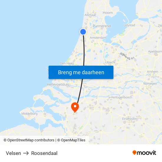 Velsen to Roosendaal map