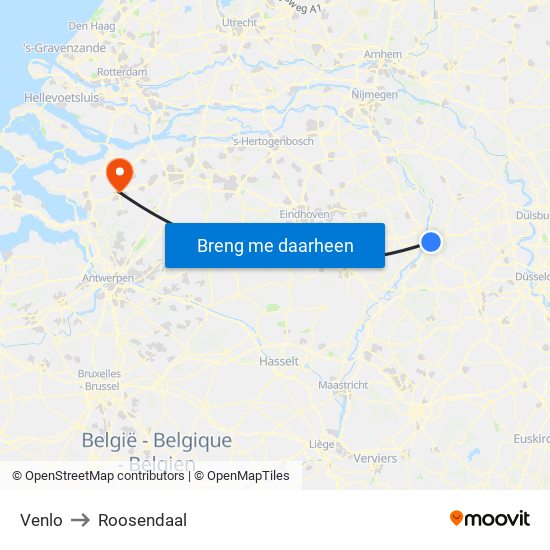 Venlo to Roosendaal map