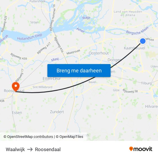 Waalwijk to Roosendaal map