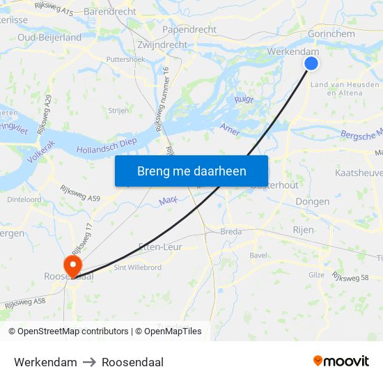 Werkendam to Roosendaal map