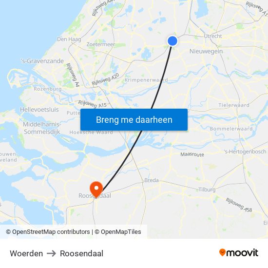 Woerden to Roosendaal map