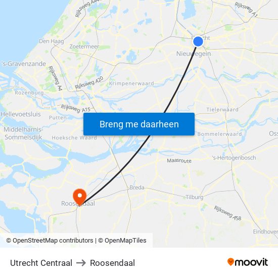 Utrecht Centraal to Roosendaal map