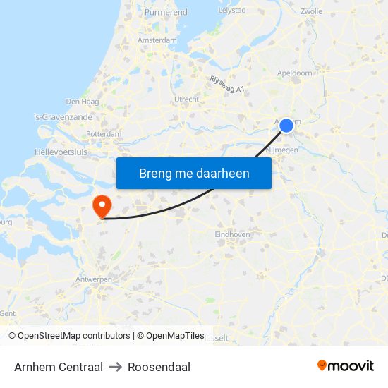 Arnhem Centraal to Roosendaal map
