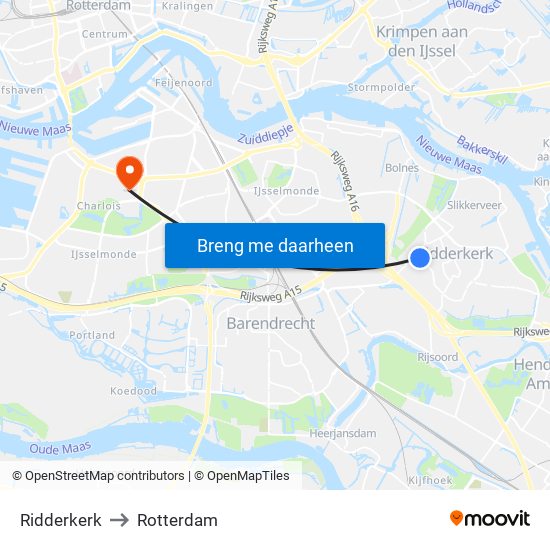 Ridderkerk to Rotterdam map