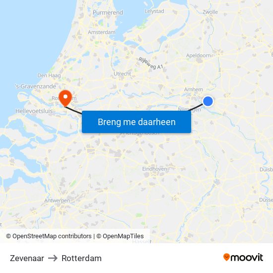 Zevenaar to Rotterdam map