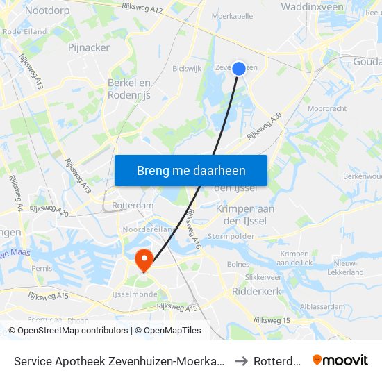 Service Apotheek Zevenhuizen-Moerkapelle to Rotterdam map