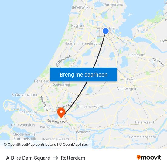 A-Bike Dam Square to Rotterdam map