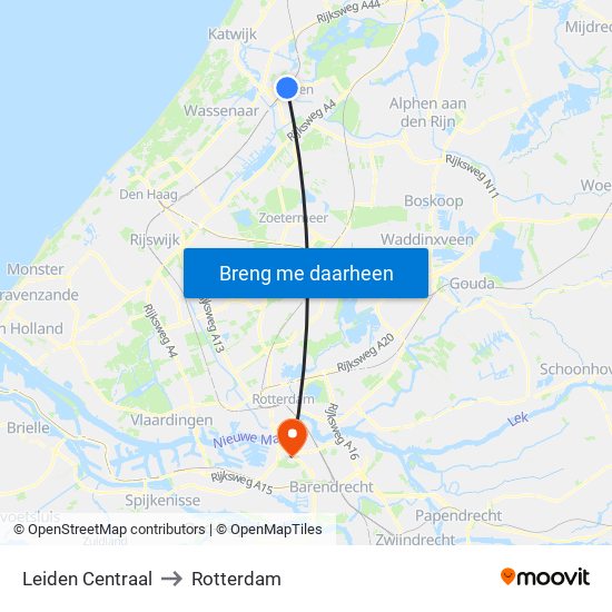 Leiden Centraal to Rotterdam map