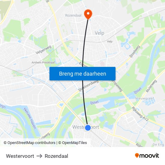 Westervoort to Rozendaal map