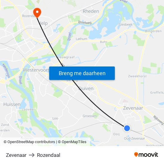 Zevenaar to Rozendaal map