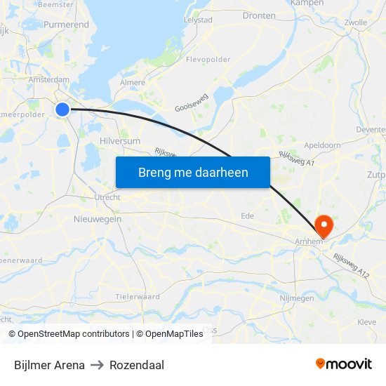 Bijlmer Arena to Rozendaal map