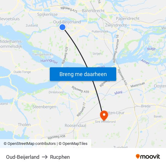 Oud-Beijerland to Rucphen map