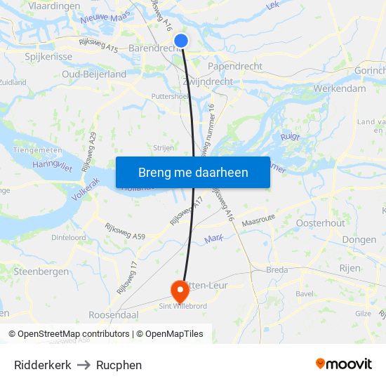 Ridderkerk to Rucphen map