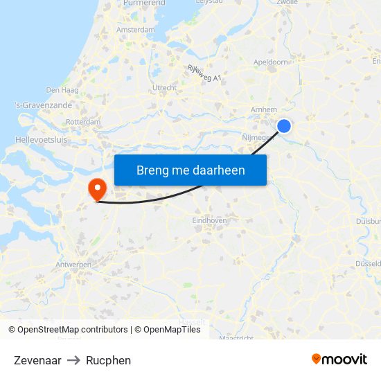 Zevenaar to Rucphen map