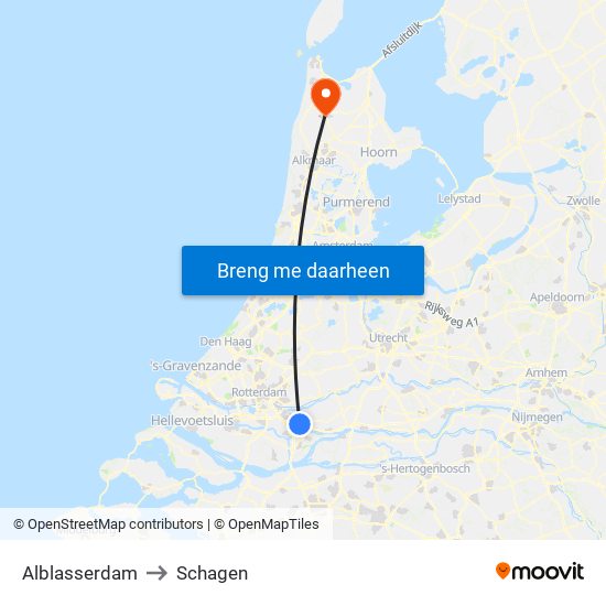 Alblasserdam to Schagen map