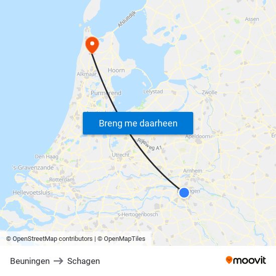 Beuningen to Schagen map