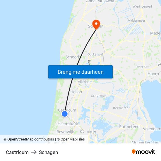 Castricum to Schagen map