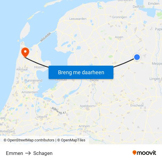Emmen to Schagen map