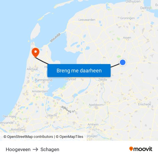 Hoogeveen to Schagen map