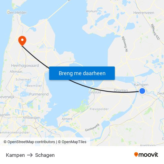 Kampen to Schagen map