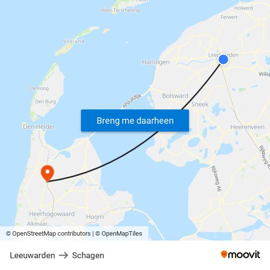 Leeuwarden to Schagen map