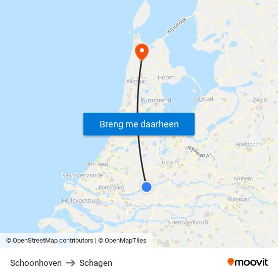 Schoonhoven to Schagen map