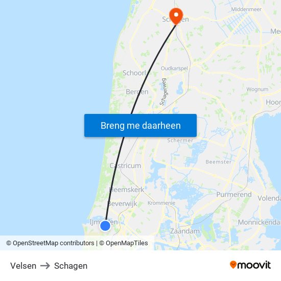 Velsen to Schagen map