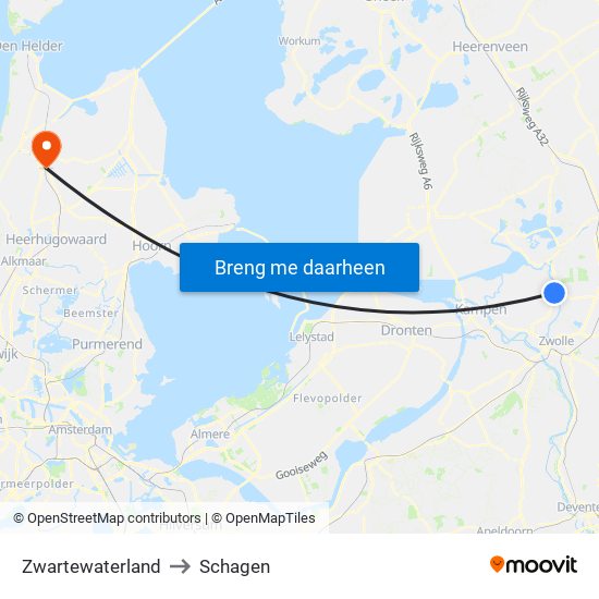 Zwartewaterland to Schagen map