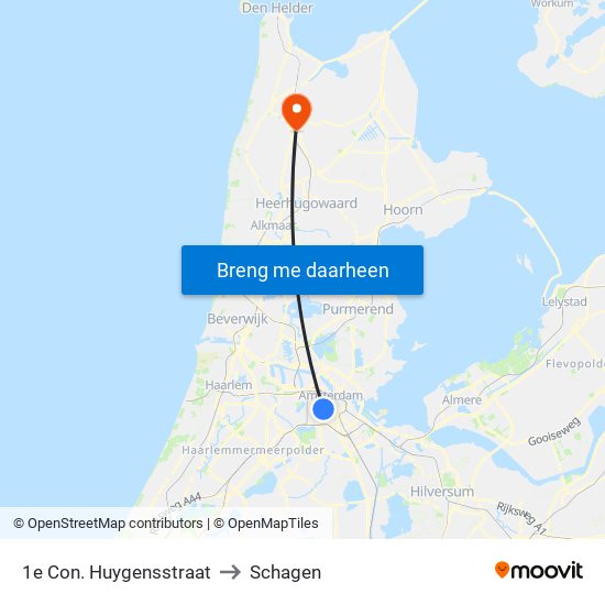 1e Con. Huygensstraat to Schagen map