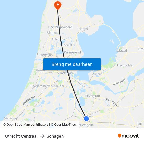 Utrecht Centraal to Schagen map