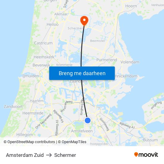 Amsterdam Zuid to Schermer map